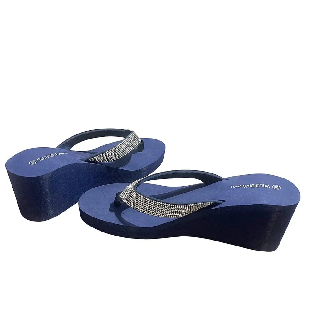 Wild Diva Heatwave-01 EVA Foam Thong Rhinestone Retro Platform Wedge Sandals 10